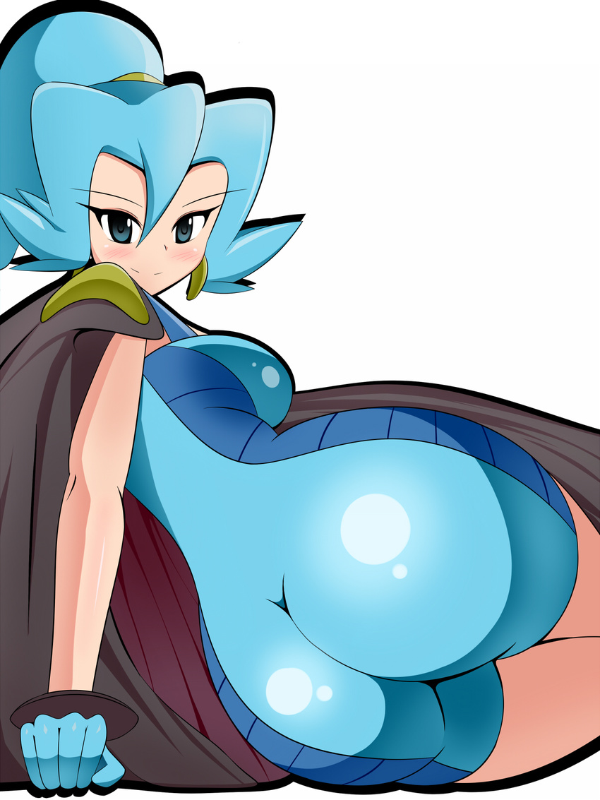 1girl ass blue_hair blush cape female gym_leader halubato harubato highres huge_ass ibuki_(pokemon) indigo_eyes nintendo pokemon simple_background smile solo