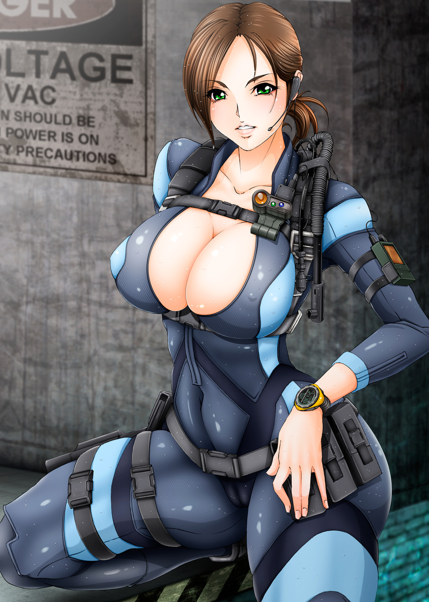 1girl ass blush bodysuit breasts brown_hair cameltoe capcom cleavage curvy erect_nipples green_eyes hand_on_hip headset highres hips huge_ass huge_breasts impossible_clothes jill_valentine large_breasts looking_at_viewer navel open_mouth plump ponytail resident_evil resident_evil_revelations shiny shiny_clothes sign size_hermitage skin_tight solo squat squatting thick_thighs thigh_strap thighs tight watch wet wide_hips