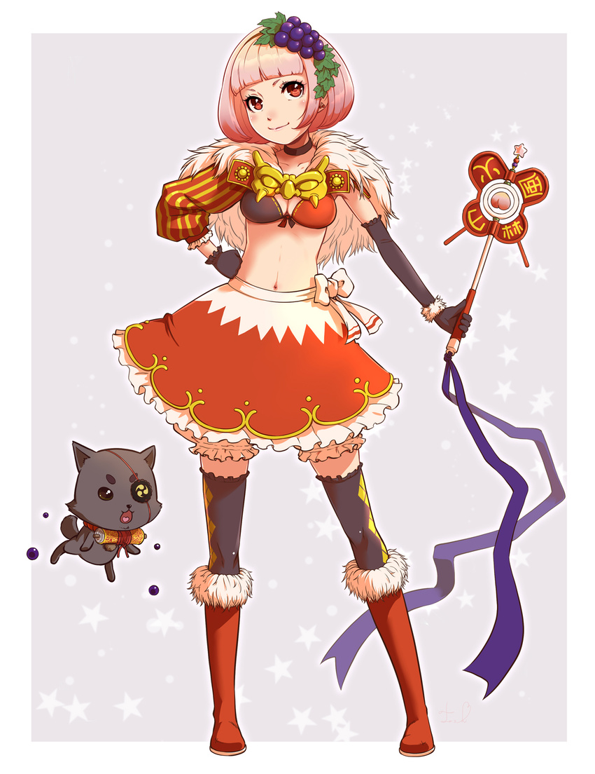 asymmetrical_clothes bob_cut boots breasts cherry choker cleavage dog earrings elbow_gloves eyepatch food fruit gloves grapes hair_ornament heart heart_in_mouth highres jewelry knee_boots magatama magical_girl mahou_shoujo_taisen mahou_shoujo_taisen_contest_1 medium_breasts midriff mitsudomoe_(shape) navel peach pink_eyes pink_hair scroll short_hair skirt thighhighs tomoe_(symbol) toshi_punk wand