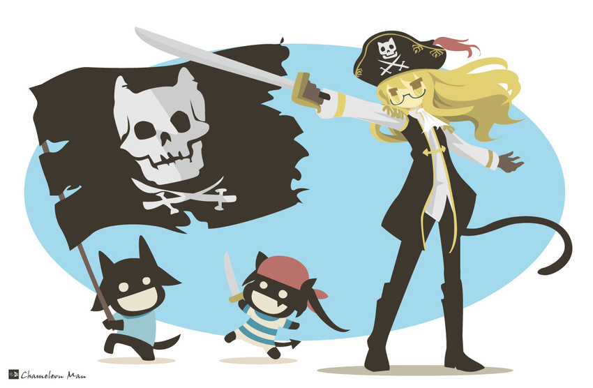 ascot bad_id bad_pixiv_id blonde_hair cat_tail chameleon_man_(three) cutlass_(sword) flag flat_color francesca_lucchini glasses hat jolly_roger miyafuji_yoshika multiple_girls pantyhose perrine_h_clostermann pirate_hat silhouette_demon skull_and_crossed_swords strike_witches sword tail weapon world_witches_series yellow_eyes