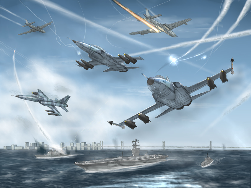 ace_combat_5 aegis_cruiser aerial_battle aircraft aircraft_carrier airplane bad_id bad_pixiv_id bae_nimrod battle bomb bridge commentary condensation_trail cruiser damaged day explosion f-5_freedom_fighter fighter_jet flying jet military military_vehicle missile no_humans ocean ofs_kestrel ragi_(00203) ship ticonderoga_class warship watercraft