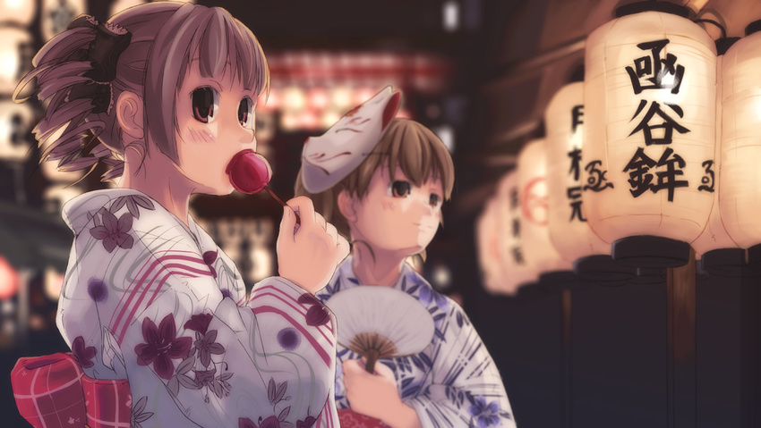 blurry brown_hair candy_apple depth_of_field drill_hair fan food fukuzawa_yumi haya_bs japanese_clothes kimono lantern looking_at_viewer maria-sama_ga_miteru mask matsudaira_touko multiple_girls obi paper_fan sash sweets twintails uchiwa yukata