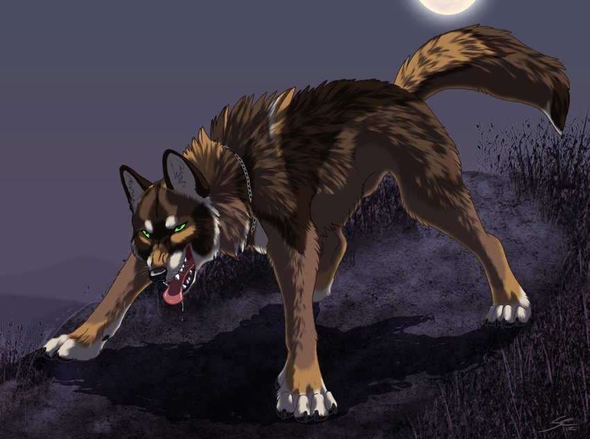 animal_ears claws clothing feral fur green_eyes hindpaw male mammal moon open_mouth pants paws post_transformation sabretoothed_ermine snout solo teeth tongue transformation were werewolf wolf