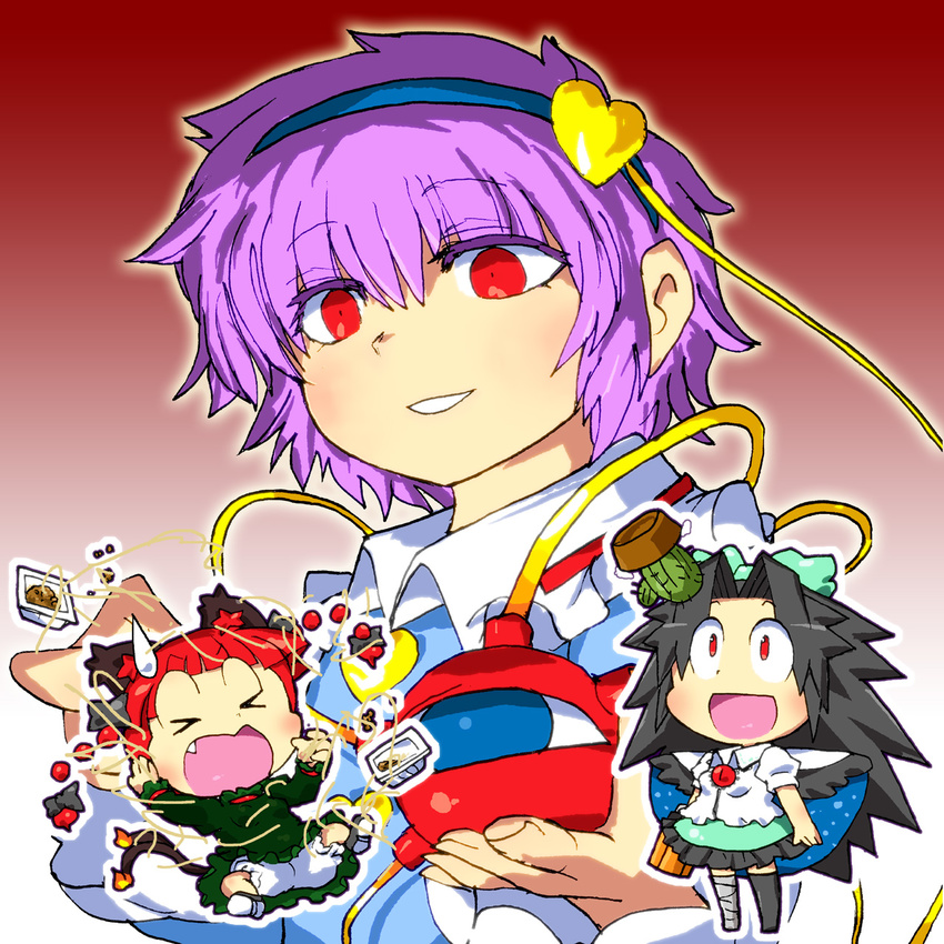 &gt;_&lt; animal_ears arm_cannon black_hair bow braid cactus cape cat_ears cat_tail closed_eyes fang food gomi_ichigo hair_bow highres kaenbyou_rin komeiji_satori long_hair multiple_girls multiple_tails nattou open_mouth purple_hair red_eyes red_hair reiuji_utsuho short_hair tail third_eye touhou twin_braids weapon wings