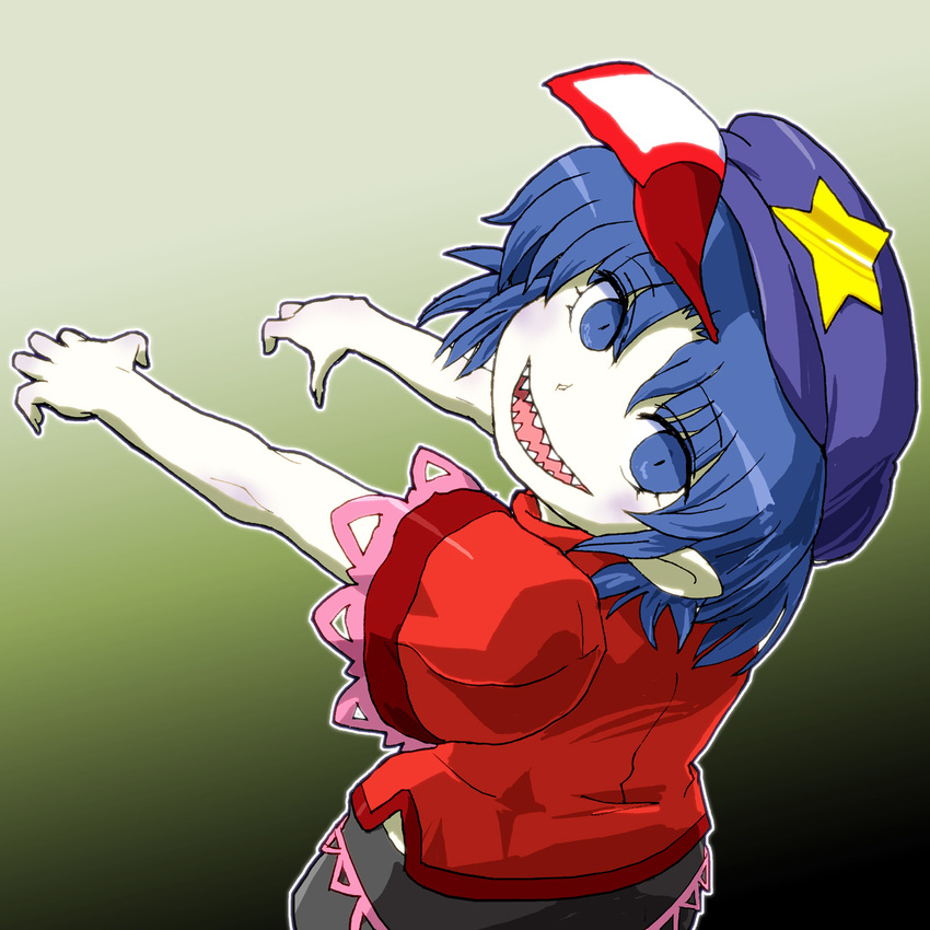 blue_eyes blue_hair blush gomi_ichigo hat highres jiangshi looking_back miyako_yoshika ofuda open_mouth outstretched_arms sharp_teeth short_hair skirt smile solo star teeth touhou zombie_pose