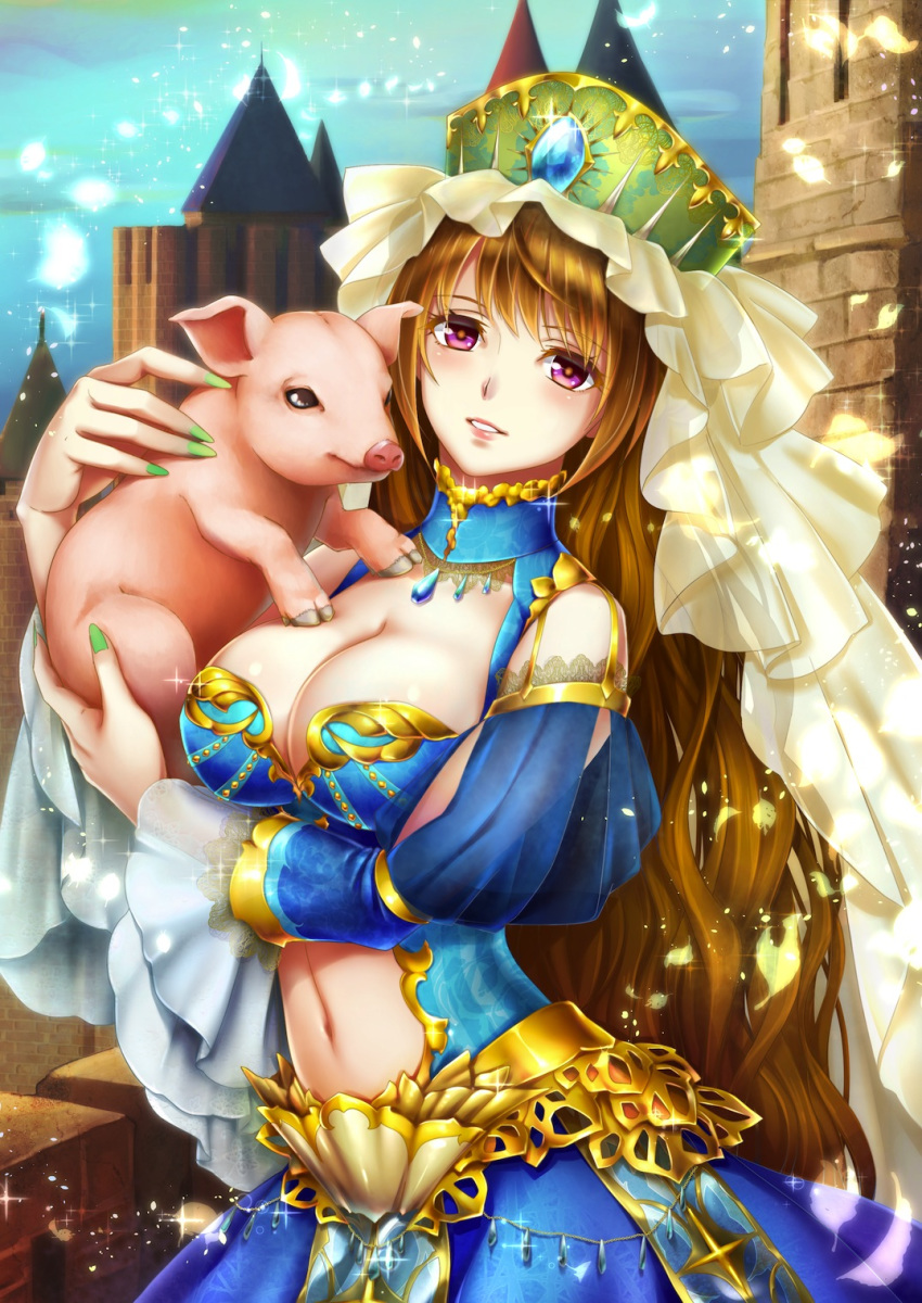 1girl animal blue_collar blue_dress blue_sky breasts brown_hair castle cleavage day dress gem green_hat green_nails hand_up hat highres holding holding_animal koizumi_(sucseed) large_breasts long_hair midriff_cutout nail_polish navel official_art outdoors parted_lips pig sky standing very_long_hair