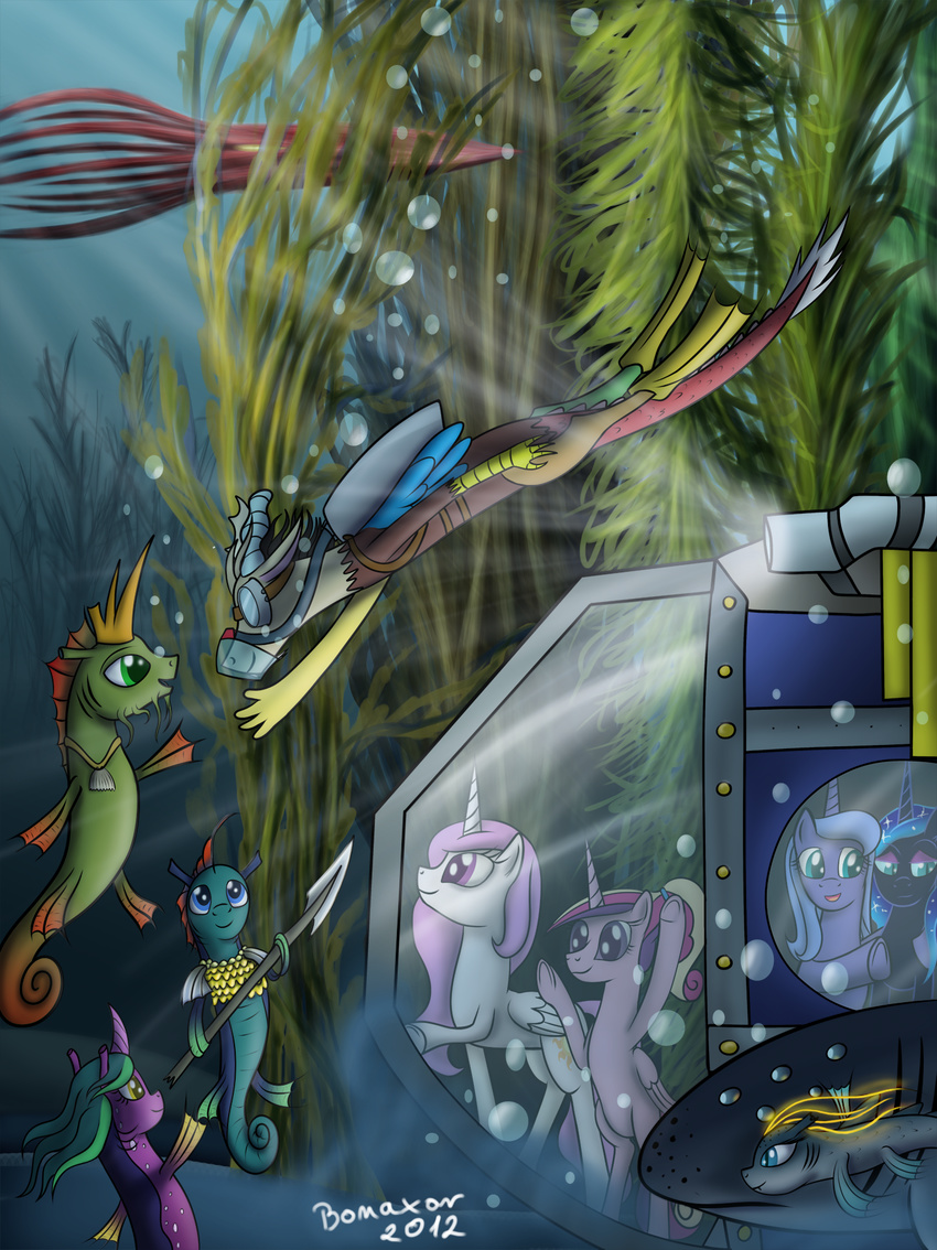 cutie_mark discord_(mlp) draconequus equine female feral fillies friendship_is_magic horn kids male mammal mask my_little_pony nightmare_moon_(mlp) oxygen_tank polearm princess princess_cadance_(mlp) princess_cadence_(mlp) princess_celestia_(mlp) princess_luna_(mlp) royalty spear swimming team_awesome weapon winged_unicorn wings young