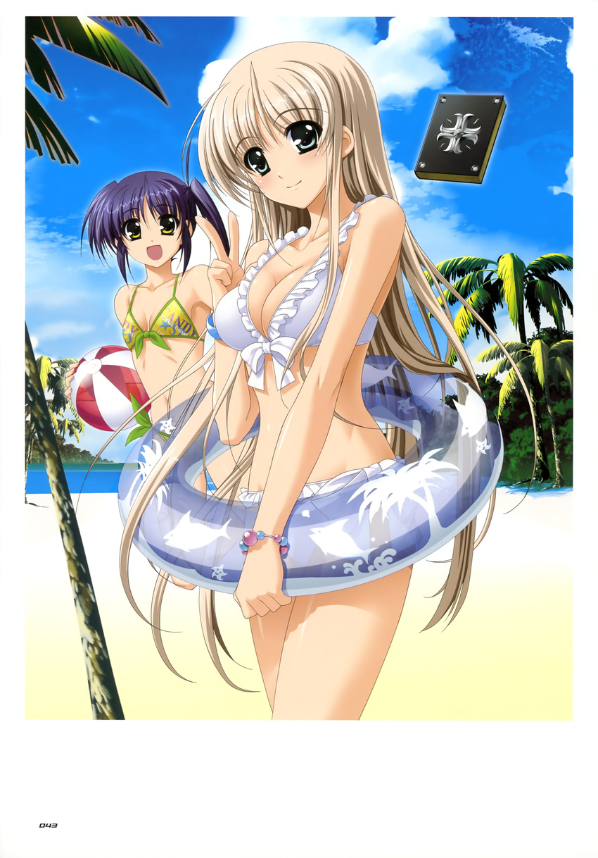 :d absurdres ball beach beachball bible_of_silver_cross bikini blue_eyes blue_innertube blush book bracelet breasts brown_hair cleavage cross flat_chest higa_yukari highres innertube isis_eaglet jewelry lily_strosek long_hair lyrical_nanoha mahou_senki_lyrical_nanoha_force mahou_shoujo_lyrical_nanoha multiple_girls ocean official_art open_mouth palm_tree purple_hair scan short_hair side-tie_bikini smile swimsuit tree v very_long_hair yellow_eyes