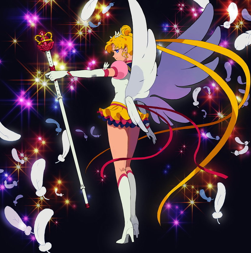 bad_id bad_pixiv_id bishoujo_senshi_sailor_moon blonde_hair blue_eyes blue_sailor_collar boots eternal_sailor_moon eternal_tiare feathers holding holding_staff knee_boots layered_skirt long_hair looking_back magical_girl riqurr sailor_collar sailor_moon sailor_senshi_uniform skirt smile solo staff tsukino_usagi twintails very_long_hair white_footwear wings