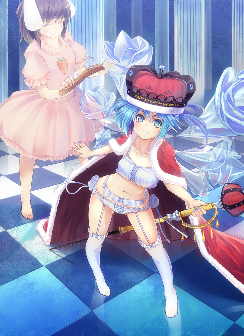 barefoot blue_bra blue_eyes blue_hair blue_panties bra cape carrot carrot_necklace checkered checkered_floor cirno clothes_hanger commentary_request crown garter_belt grin highres ice ice_wings inaba_tewi jewelry liking lingerie looking_at_viewer multiple_girls nail_polish necklace panties pendant reflection short_hair smile sword teenage thighhighs touhou underwear underwear_only weapon white_legwear white_panties wings
