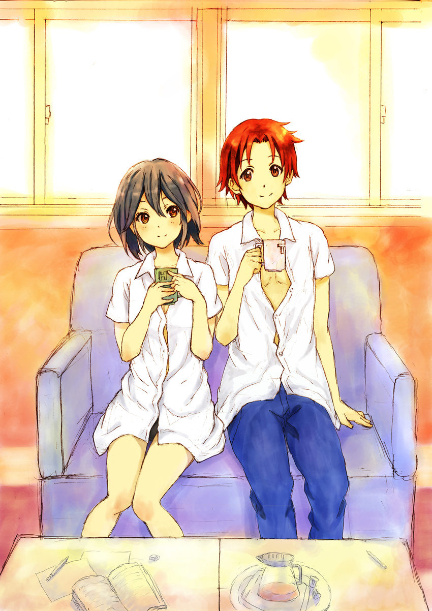 1girl absurdres black_hair brown_eyes brown_hair cocoroten coffee couch couple cup dress_shirt hair_between_eyes hetero highres inaba_himeko indoors kokoro_connect letter looking_at_another no_pants open_clothes open_shirt panties pen shirt sitting table underwear window yaegashi_taichi