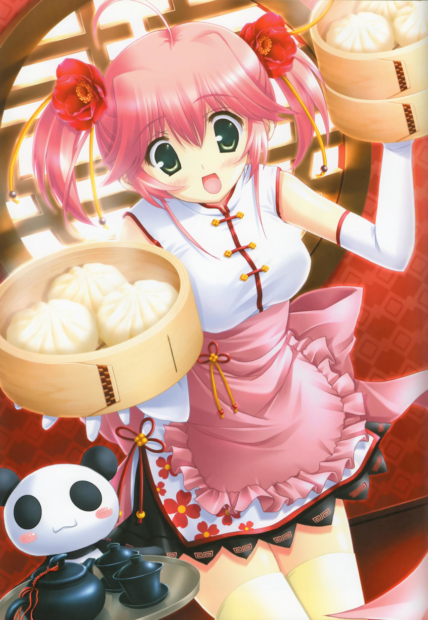 :d absurdres ahoge apron arms_up bamboo_steamer baozi blush china_dress chinese_clothes copyright_request cowboy_shot cup dress elbow_gloves floral_print flower food frilled_apron frills gloves highres holding ikegami_akane indoors open_mouth panda pink_apron pink_hair round_window sleeveless smile solo steam teacup teapot thighhighs tray twintails white_gloves