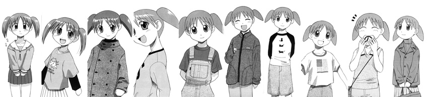 absurdres azuma_kiyohiko azumanga_daiou child coat greyscale highres long_image mihama_chiyo monochrome official_art overalls raglan_sleeves school_uniform short_twintails smile twintails wide_image