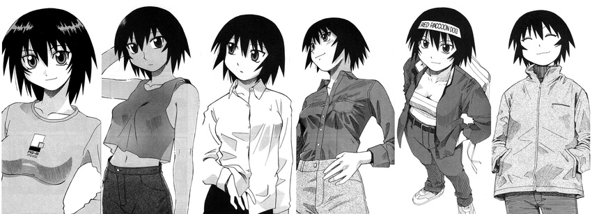 azuma_kiyohiko azumanga_daiou casual dark_skin dress_shirt greyscale highres kagura_(azumanga_daiou) long_image monochrome official_art shirt short_hair solo tank_top tomboy wide_image