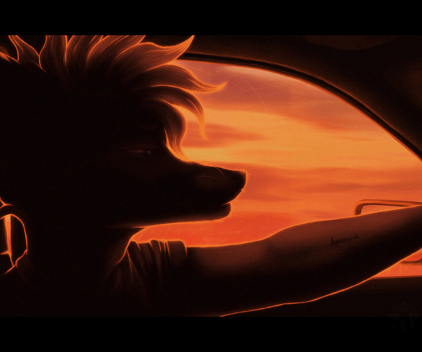 car cloud clouds driving english_text fighterjet fox gearotter lux_(character) male mammal mohawk silhouette sky sun sunset tattoo text truck widescreen