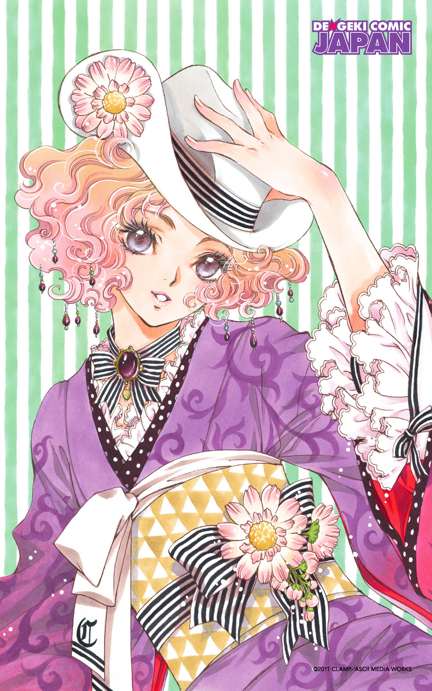 2011 bashamichi brooch choker clamp cowboy_hat curly_hair eyelashes fingernails flower frilled_sleeves frills hair_ornament hand_on_headwear hands hat hat_flower highres japanese_clothes jewelry kimono obi official_art parted_lips ribbon_choker sash short_hair smile solo striped striped_background watermark wide_sleeves