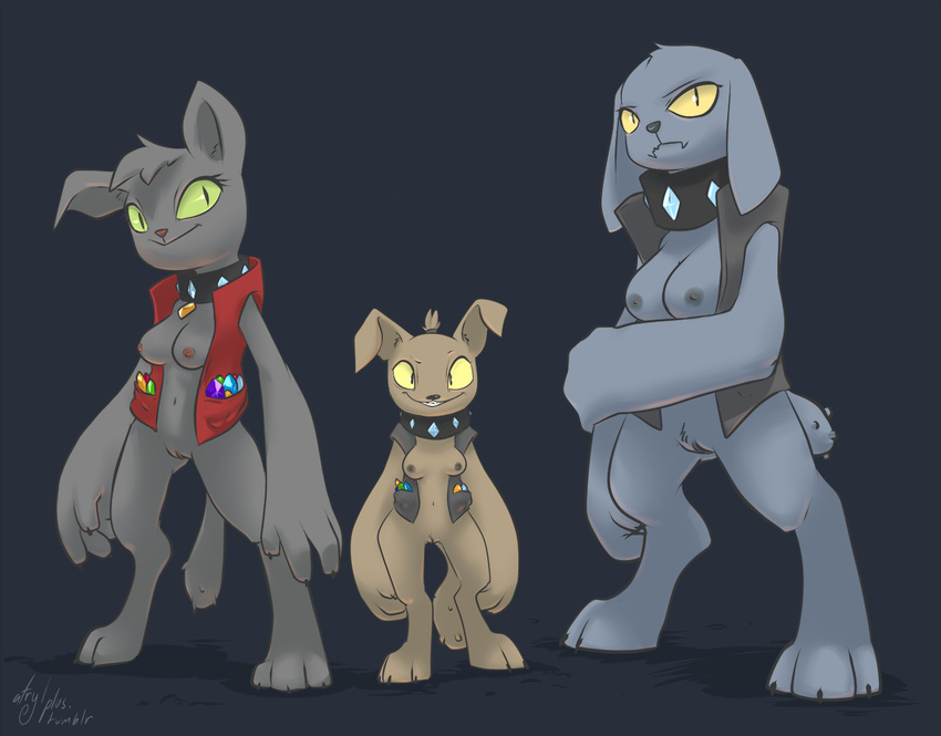 anthro anthrofied atryl big_breasts breasts canine claws collar crossgender diamond_dog_(mlp) diamond_dogs_(mlp) diamonds dog female fido_(mlp) friendship_is_magic frown grin group hair looking_at_viewer mammal my_little_pony nipples nude plain_background ponytail pussy rover_(mlp) shadow smile spot_(mlp) trio