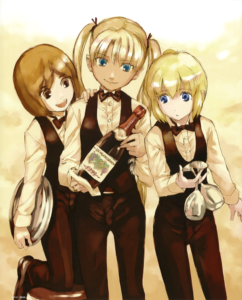 3girls :d absurdres aida_yuu alcohol blonde_hair blue_eyes bottle bow bowtie brown_eyes brown_hair cup dark_skin dengeki_daiou formal green_eyes gunslinger gunslinger_girl gunslinsger hand_on_shoulder henrietta highres kneeling looking_at_viewer multiple_girls open_mouth rico scan short_hair smile stool tray triela twintails vest waitress wine wine_glass