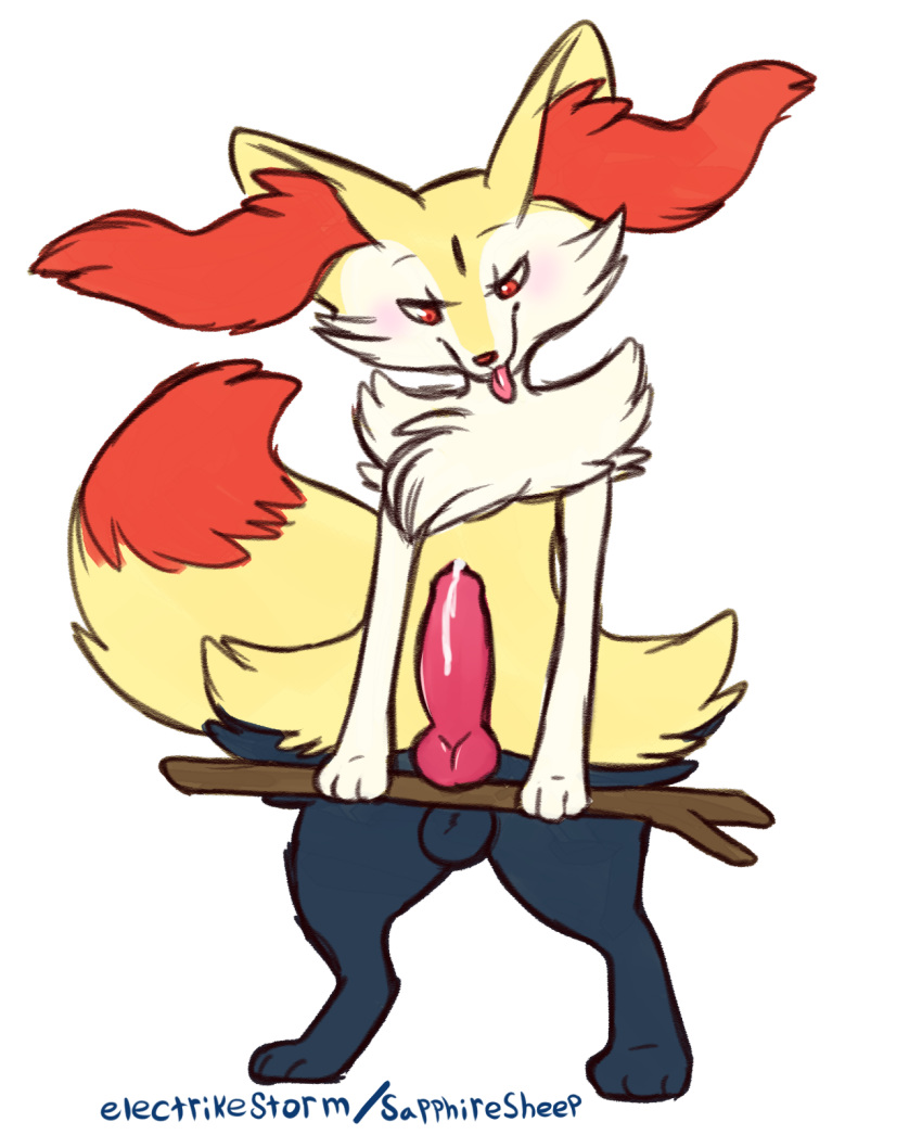 2019 animal_genitalia animal_penis anthro balls blep braixen canine canine_penis electrikestorm erection front_view fur hi_res inner_ear_fluff male mammal nintendo penis pok&eacute;mon pok&eacute;mon_(species) precum red_eyes simple_background solo standing stick tongue tongue_out video_games white_background