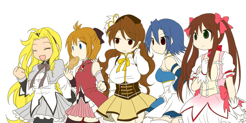 5girls ^_^ akemi_homura_(cosplay) antenna_hair blonde_hair blue_eyes blue_hair boots brown_eyes brown_hair cape character_request cosplay crossover drill_hair eating everyone eyes_closed food gloves green_eyes group hairband hat hazel_eyes kaname_madoka_(cosplay) long_hair magical_girl mahou_shoujo mahou_shoujo_madoka_magica miki_sayaka_(cosplay) mouth_hold multiple_girls nekota21 pachinko parody pixiv_id_575377 red_eyes ribbon sakura_kyouko_(cosplay) short_hair skirt smile source_request taiyaki thighhighs tomoe_mami_(cosplay) twintails wagashi yellow_eyes