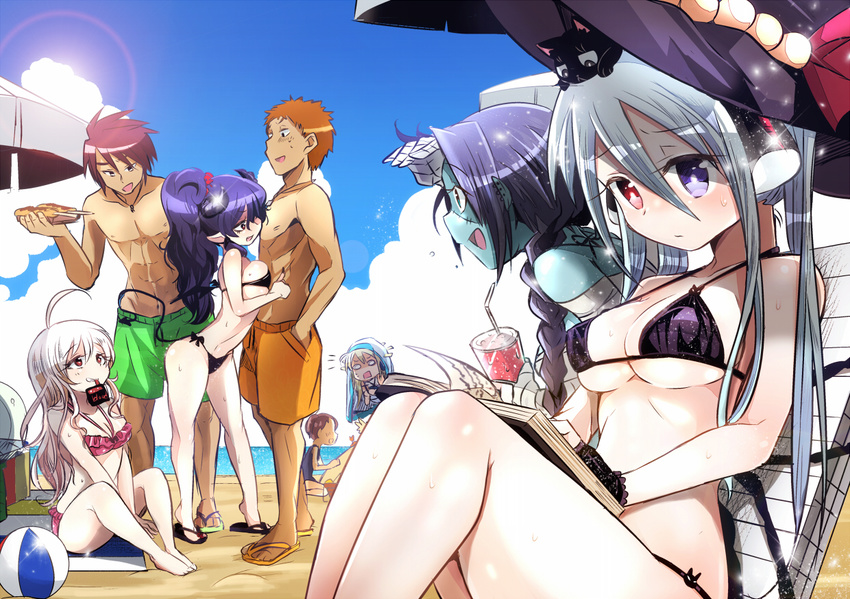 5girls ball beach beach_umbrella beachball bikini blonde_hair blue_eyes blue_skin blush book braid breast_press breasts cat cleavage cloud day drink flirting food habit hat heterochromia horns kamiya_zuzu long_hair medium_breasts multiple_boys multiple_girls nun ocean orange_hair original outdoors pointy_ears purple_hair red_eyes red_hair side-tie_bikini silver_hair sitting sky smile sweat swimsuit umbrella underboob vampire water