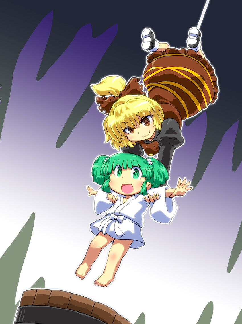 barefoot blonde_hair bow brown_eyes bucket gomi_ichigo green_eyes green_hair hair_bow highres kisume kurodani_yamame long_sleeves multiple_girls open_mouth outstretched_arms ponytail short_hair silk smile touhou twintails wide_sleeves