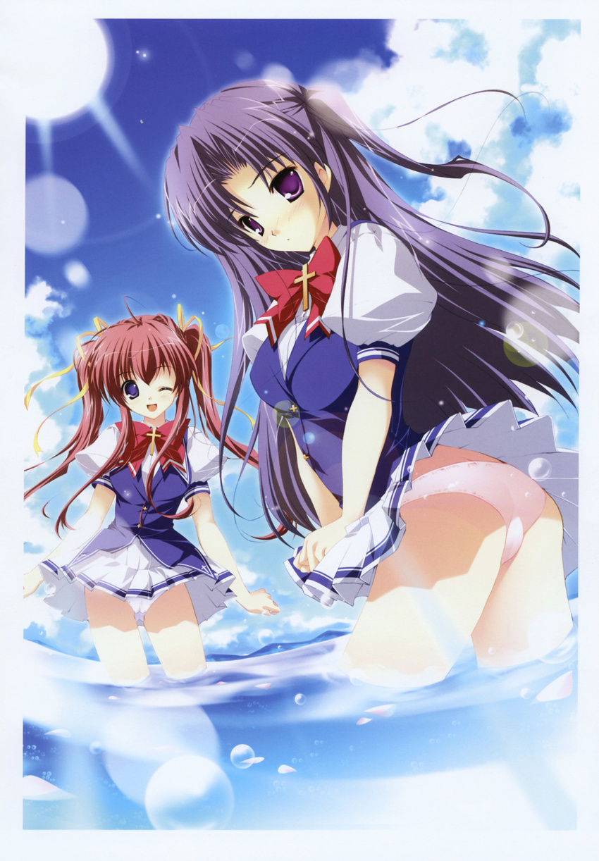 ;d absurdres asakura_nanao ass blue_eyes brown_hair cloud day highres long_hair lyrical_lyric mikeou multiple_girls one_eye_closed open_mouth outdoors panties purple_eyes purple_hair school_uniform skirt skirt_lift sky smile takami_rin underwear water white_panties