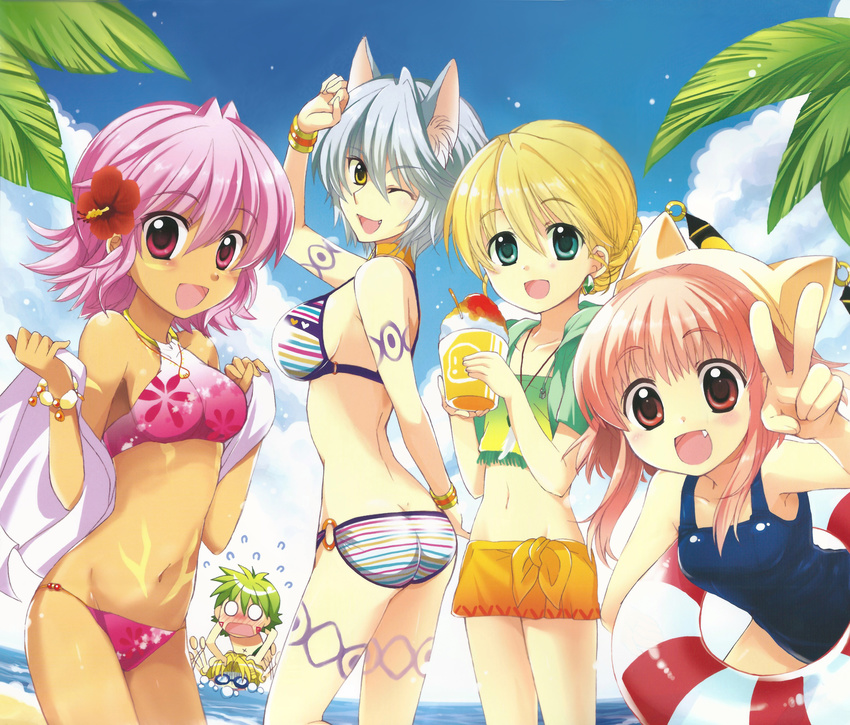 .hack//tasogare_no_udewa_densetsu 2boys 4girls :d ;d absurdres animal_ears asphyxiation ass bikini blonde_hair blue_eyes bracelet butt_crack cloud day drowning earrings fang floral_print flower fox_ears goggles grey_hair hair_flower hair_ornament halter_top halterneck hibiscus highres hotaru_(.hack//) innertube izumi_rei jewelry kunisaki_rena mireille_(.hack//) multiple_boys multiple_girls o-ring o-ring_bottom o_o one-piece_swimsuit one_eye_closed open_mouth ouka_(.hack//) pendant pink_eyes pink_hair school_swimsuit shaved_ice sky smile striped striped_bikini striped_swimsuit swimsuit v yellow_eyes