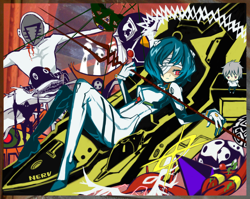 arael armisael ayanami_rei bandage_over_one_eye bandages blue_hair bodysuit chibi collage eva_01 expressionless full_body gaghiel israfel knees_up lance_of_longinus legs_apart leliel light_smile lilith_(evangelion) looking_away looking_to_the_side lying mecha nagisa_kaworu neon_genesis_evangelion on_back plugsuit ramiel reclining red_eyes sachiel sahaquiel short_hair skin_tight smile tabris white_bodysuit zeruel