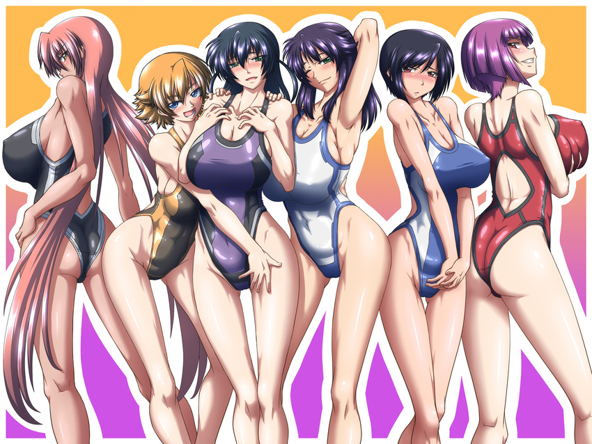 :d adapted_costume arm_behind_head arm_up armpits ass ass_visible_through_thighs back bangs black_hair black_swimsuit blue_eyes blue_hair blue_swimsuit blush bob_cut border breast_hold breasts chestnut_mouth cleavage closed_mouth collarbone company_connection competition_swimsuit covered_navel covered_nipples crossover dark_skin deep_skin embarrassed flipped_hair from_behind from_side gradient gradient_background green_eyes grin groin hair_between_eyes hand_on_another's_shoulder hand_on_hip hands_on_own_chest hands_together head_tilt highleg highleg_swimsuit highres hug huge_breasts igawa_asagi igawa_sakura ingrid_(taimanin_murasaki) kangoku_senkan kneepits large_breasts leaning_forward legs legs_apart lieri_bishop lilith-soft lineup long_hair long_legs looking_back low_twintails multiple_girls naomi_evans naughty_face nose_blush oboro_(taimanin_asagi) one-piece_swimsuit one_eye_closed open_mouth orange_background orange_eyes orange_hair outline outside_border parted_lips pink_hair pose profile purple_background purple_hair purple_swimsuit red_eyes red_swimsuit self_fondle shiny shiny_hair short_hair siblings sideboob sidelocks sisters slim_legs smile standing swimsuit taimanin_(series) taimanin_asagi taimanin_murasaki taro taut_clothes taut_swimsuit thigh_gap thigh_grab twintails two_side_up v_arms very_long_hair white_swimsuit