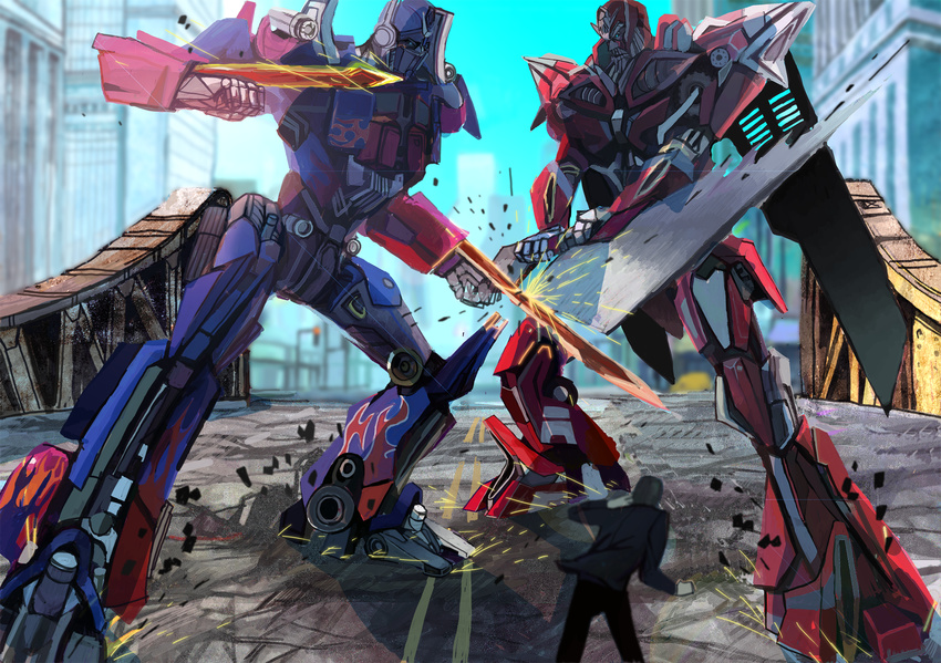 autobot battle building city highres kanegon_(facialexpression) mecha optimus_prime robot sentinel_prime spark sword transformers weapon