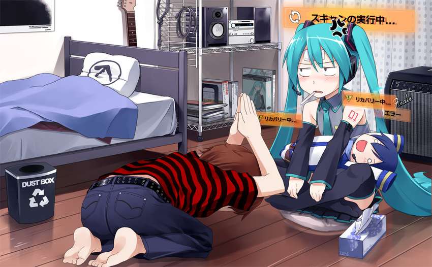 1girl amplifier angry aphex_twin aqua_eyes aqua_hair bad_id bad_pixiv_id barefoot bed belt blue_eyes blue_hair blush box brown_hair denim detached_sleeves feet fever green_eyes green_hair guitar hatsune_miku headphones ichikura_(bk) instrument jeans kaito long_hair microphone midriff necktie panties pants seiza short_hair sick sitting skirt speaker stereo thermometer thighhighs tissue_box translated twintails underwear very_long_hair virus vocaloid zettai_ryouiki