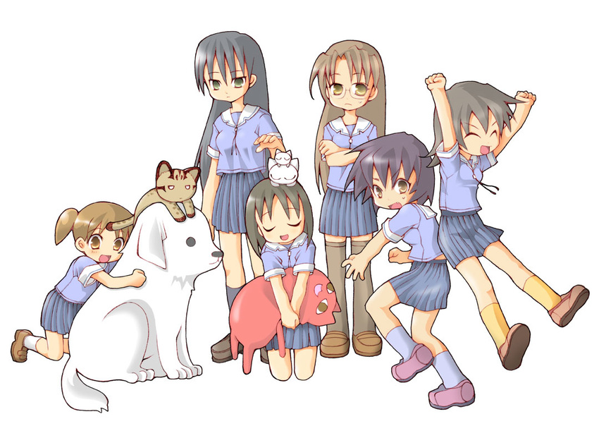 artist_request azumanga_daiou brown_hair cat chiyo_chichi dog everyone iriomote_cat kagura_(azumanga_daiou) kasuga_ayumu kneeling long_hair mayaa mihama_chiyo mizuhara_koyomi multiple_girls nekokoneko sakaki school_uniform short_twintails skirt standing tadakichi-san takino_tomo thighhighs twintails wallpaper yamamaya