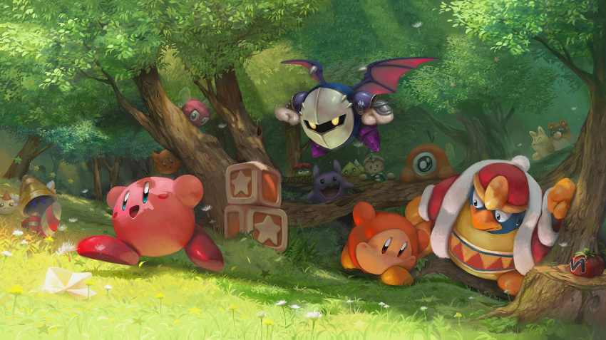 bat_wings block blush_stickers bronto_burt chip_(kirby) con_(kirby) flower forest glunk_(kirby) hat king_dedede kirby kirby_(series) mask maxim_tomato meta_knight nature nintendo pon_(kirby) poppy_bros_jr prank_(kirby) running scarfy star sweatdrop tree tree_stump waddle_dee waddle_doo wings