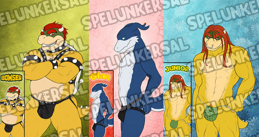 annoying_watermark armlet biceps blue_eyes bowser bowser_(roommates) bowser_jr. bowser_koopa_junior_(roommates) bracelet bulge clothed clothing digimon ear_piercing english_text facial_piercing flamedramon front giancarlo_rosato hair half-dressed horn jewelry jockstrap koopa long_hair looking_at_viewer male mario_bros muscles nintendo nipple_piercing nipples nose_piercing nose_ring pecs piercing plain_background pose prince red_eyes red_hair reptile roommates_(comic) royalty scalie shell side_view skimpy smile solo spelunker_sal spikes teeth text thong topless turtle underwear video_games watermark