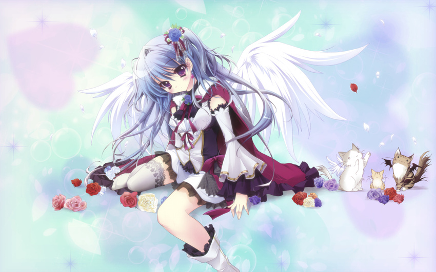 1girl blue_hair blush cat cats character_request cloud clouds flower heart highres ribbon rose roses simple_background skirt smile source_request wings
