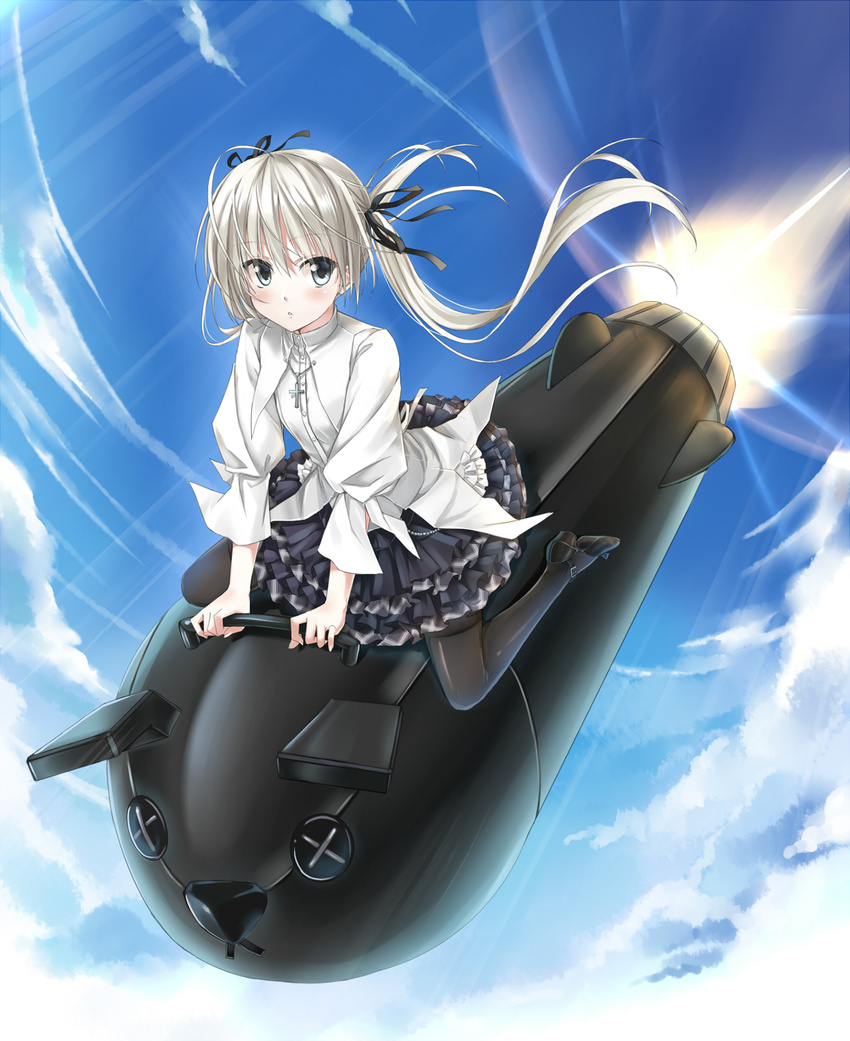 antenna_hair black_eyes dr._strangelove highres hika_(cross-angel) kasugano_sora major_kong pantyhose parody riding silver_hair solo stanley_kubrick twintails yosuga_no_sora