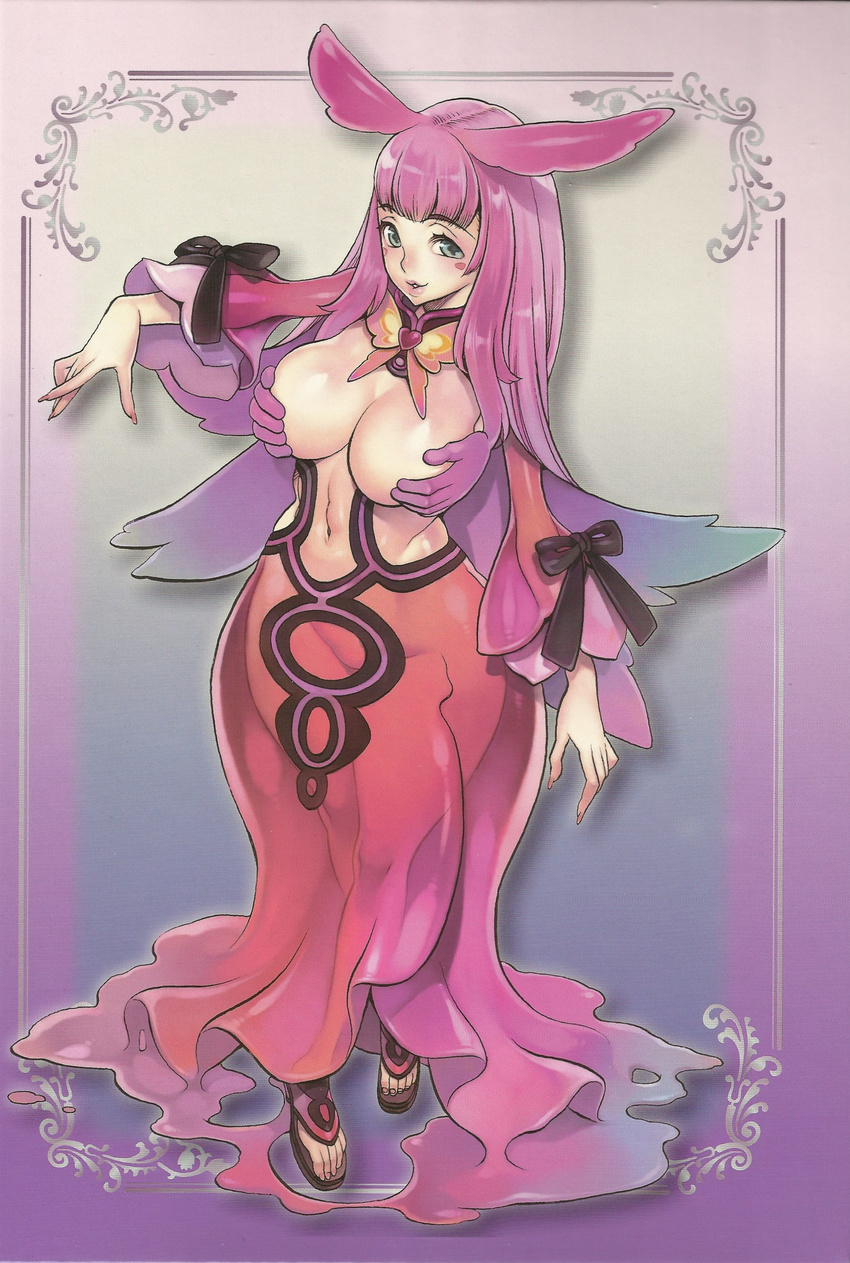 absurdres blue_eyes blush_stickers breasts butterfly curvy f.s. female highres huge_breasts large_breasts long_hair melona official_art pink_hair queen's_blade queen's_blade_rebellion queen's_blade queen's_blade_rebellion sandals smile solo standing thick_thighs thighs wide_hips