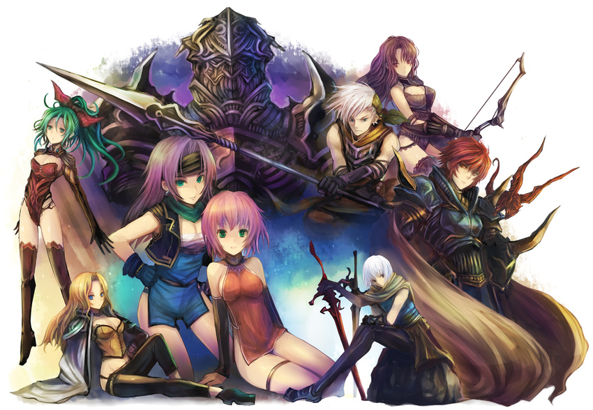 5girls androgynous armor black_armor blonde_hair blue_eyes bow_(weapon) breasts bustier celes_chere character_request china_dress chinese_clothes cleavage detached_sleeves dress earrings faris_scherwiz final_fantasy final_fantasy_ii final_fantasy_iv final_fantasy_v final_fantasy_vi golbeza green_eyes green_hair guy_(ff2) headband jacket jewelry kara_(color) lenna_charlotte_tycoon leotard lingerie long_hair maria_(ff2) medium_breasts multiple_girls orange_skirt pantyhose pink_hair polearm ponytail purple_hair red_hair scarf short_hair skirt sleeveless spear sword tabard thighhighs tina_branford underwear vest weapon white_hair