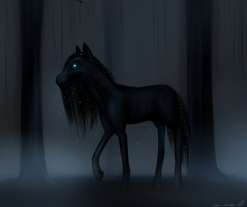 ambiguous_gender blue_eyes dark dark_theme equine fatalfox feral fog forest gaunt glowing glowing_eyes hi_res hooves horse mammal slim solo tree undead wood