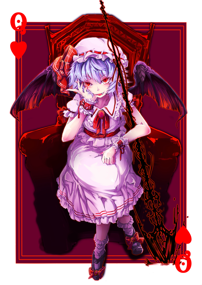 absurdres bad_id bad_pixiv_id brooch card chair fang hat highres jewelry lavender_hair playing_card red_eyes remilia_scarlet sitting skirt skirt_set smile solo spear_the_gungnir toor_0111 touhou wrist_cuffs