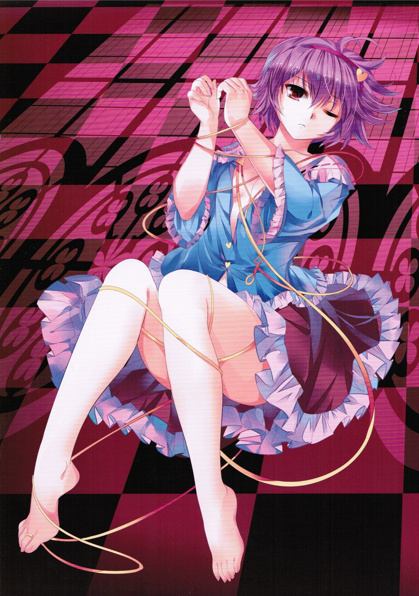 bare_legs barefoot bdsm bondage bound checkered checkered_floor entangled feet hairband heart highres komeiji_satori lying non-web_source on_back one_eye_closed pico_(picollector79) pink_eyes pink_hair resized rope scan scanlines short_hair solo touhou wire