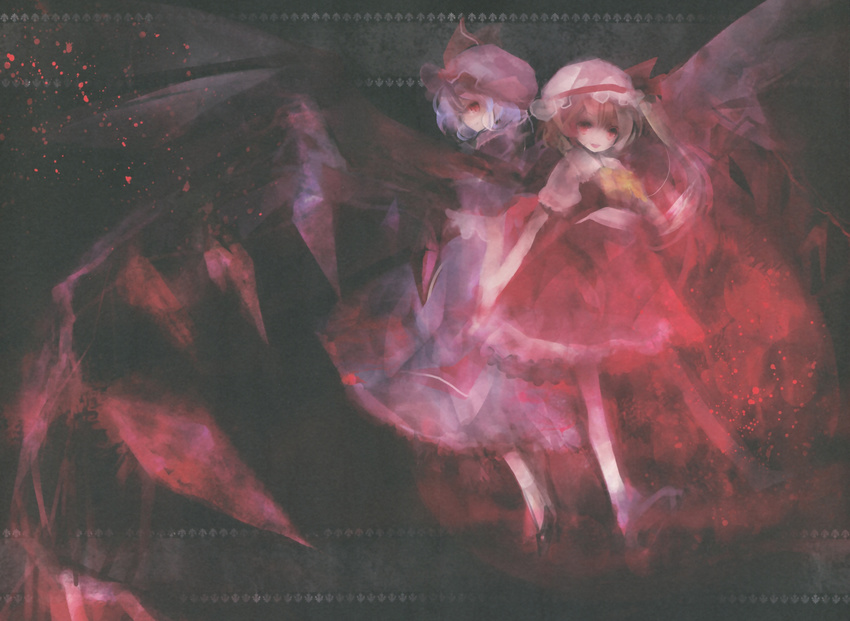 absurdres ascot bat_wings blonde_hair blue_hair crystal flandre_scarlet hat hat_ribbon highres multiple_girls open_mouth puffy_sleeves red_eyes remilia_scarlet ribbon scan shimeko short_hair short_sleeves side_ponytail smile touhou wings