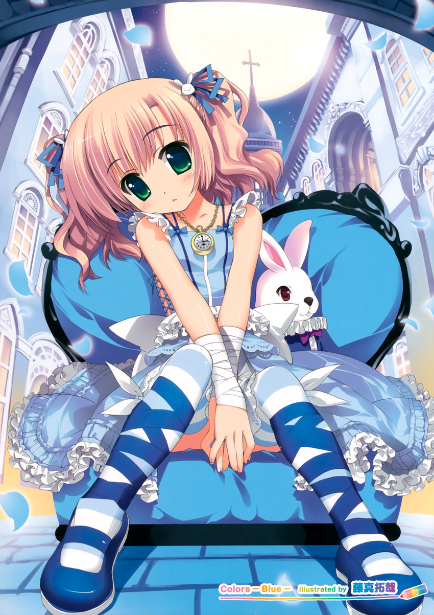 absurdres bandages blonde_hair blue blush bunny bunny_hair_ornament chair cross easy_chair frills fujima_takuya full_moon green_eyes hair_ornament highres looking_at_viewer moon night open_mouth original petals pocket_watch scan sitting sleeveless solo stuffed_animal stuffed_bunny stuffed_toy twintails v_arms watch window wrist_wrap