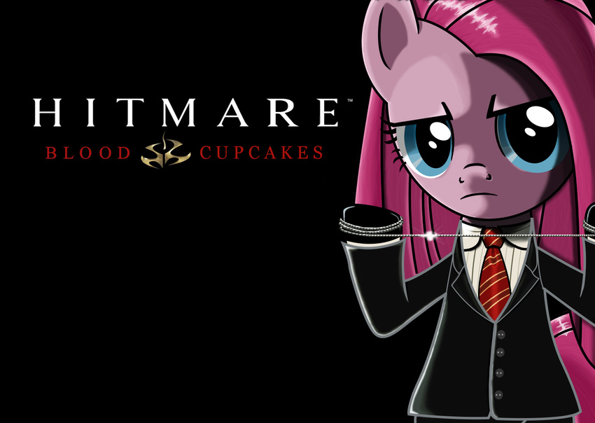 agent_47 anevilzebra anthro anthrofied black_background blue_eyes clothing cosplay english_text equine female friendship_is_magic hair hitman horse looking_at_viewer mammal my_little_pony parody pink_hair pinkamena_(mlp) pinkie_pie_(mlp) plain_background pony solo text wire