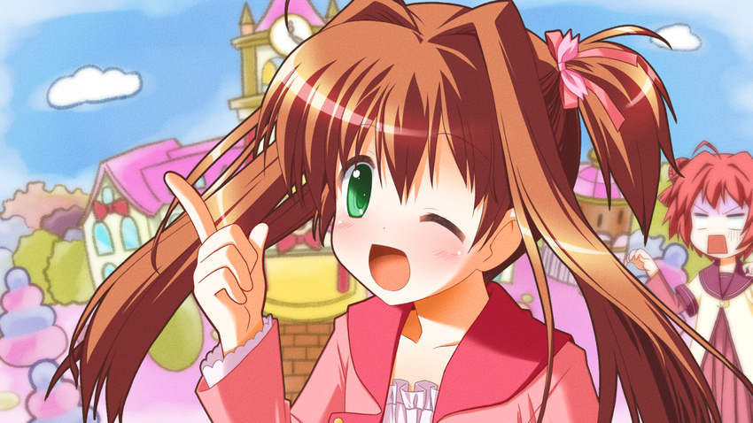 ;d ahoge akaza_akari blush bow brown_hair crossover dress green_eyes hair_bun hair_intakes hair_ribbon highres index_finger_raised jewelpet_(series) jewelpet_twinkle multiple_girls namesake nanamori_school_uniform one_eye_closed open_mouth pink_bow rectangular_mouth red_hair ribbon sailor_dress sakura_akari school_uniform serafuku shizuku-mahoroba short_hair smile surprised turn_pale yuru_yuri yuru_yuri's_starting