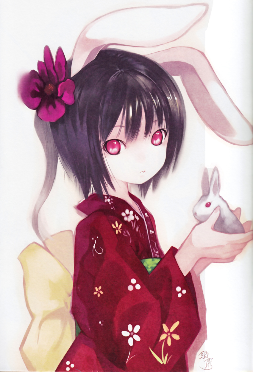 absurdres animal_ears black_hair bunny bunny_ears flower hair_flower hair_ornament highres holding inaba_tewi japanese_clothes kimono kiran looking_at_viewer red_eyes scan short_hair solo touhou