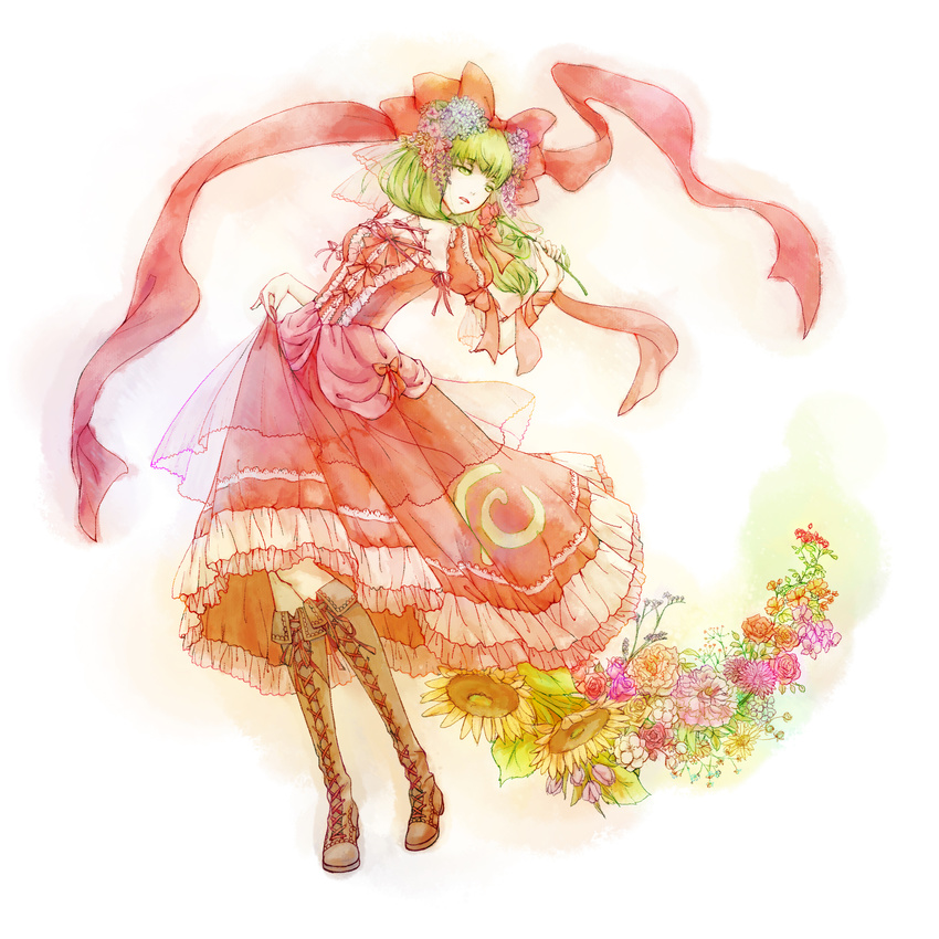 arm_ribbon boots bow cross-laced_footwear dress echoes_(cassandratree) embellished_costume flower frills front_ponytail green_eyes green_hair hair_bow hair_flower hair_ornament hair_ribbon highres holding kagiyama_hina lace-up_boots long_hair open_mouth red_dress ribbon rose short_sleeves skirt_hold solo touhou