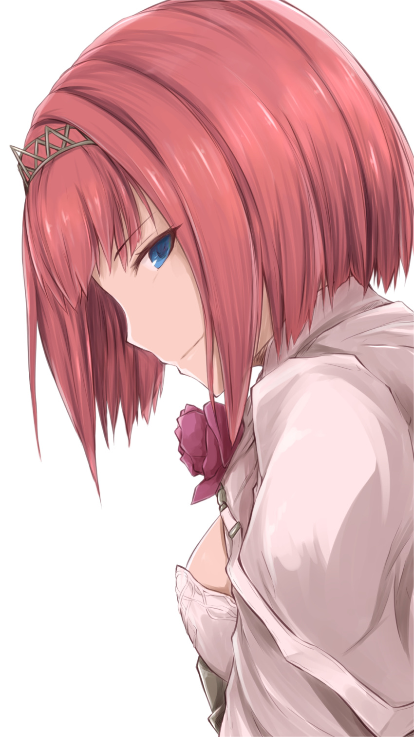 1girl ark_royal_(kantai_collection) bangs blue_eyes blunt_bangs bob_cut breasts closed_mouth eyebrows_visible_through_hair flower from_side hairband highres jacket kantai_collection long_sleeves looking_at_viewer red_flower red_hair red_rose rose short_hair sidelocks simple_background small_breasts tiara tsurime twinameless white_background