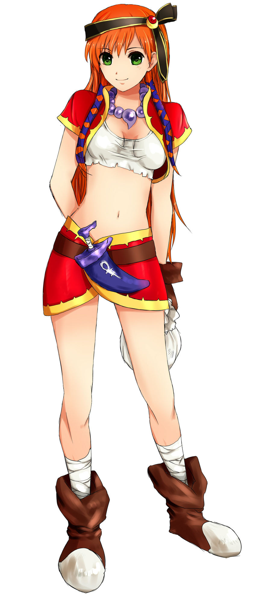 absurdres bad_id bad_pixiv_id chrono_cross cosplay crop_top full_body green_eyes hairband highres himasen jewelry kid_(chrono_cross) kid_(chrono_cross)_(cosplay) long_hair looking_at_viewer midriff navel necklace orange_hair rena_(chrono_cross) skirt smile solo vest